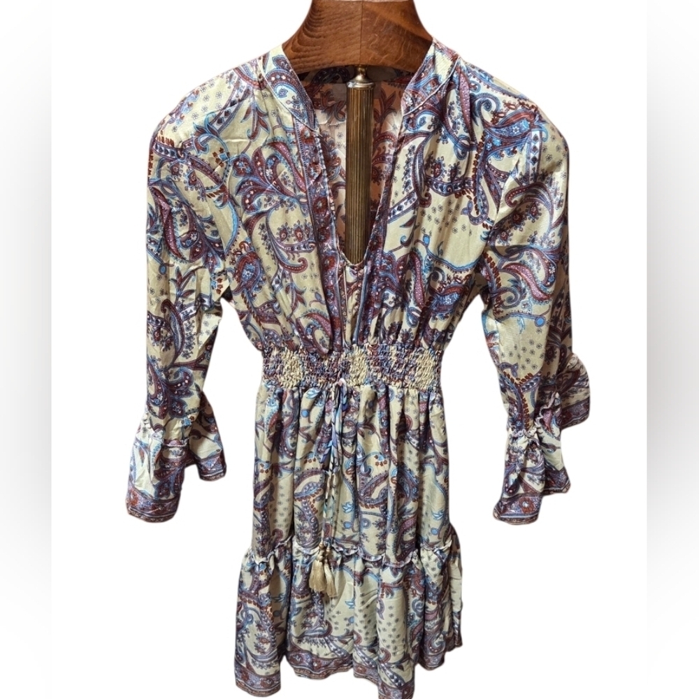 Zury Silk Blend Paisley Smocked Waist Babydoll Flowy Mini Dress Size XS/S